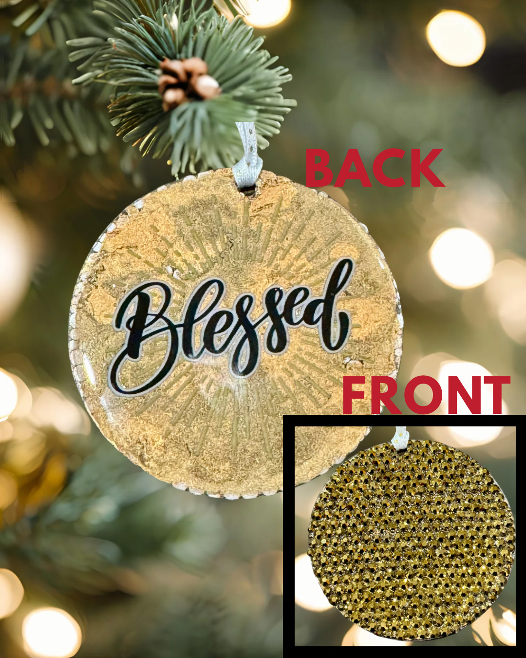 Gold ornament with 'Blessed' text on a Christmas tree with blurred lights in the background.