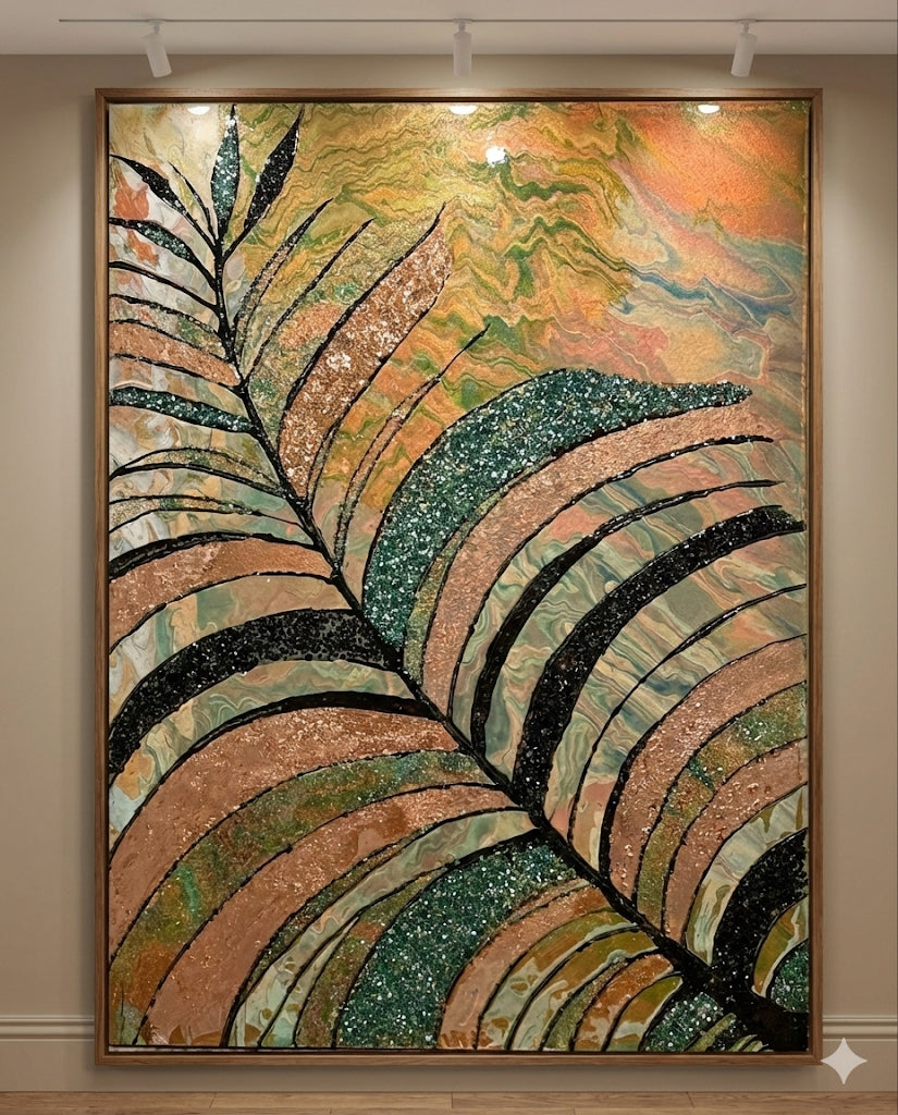 Abstract artwork with wavy patterns in earthy tones on a beige wall.