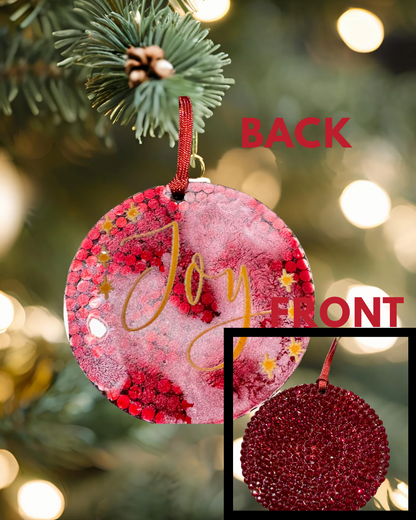 Decorative Christmas ornament with 'Joy' text on a tree, with 'Front' and 'Back' labels.