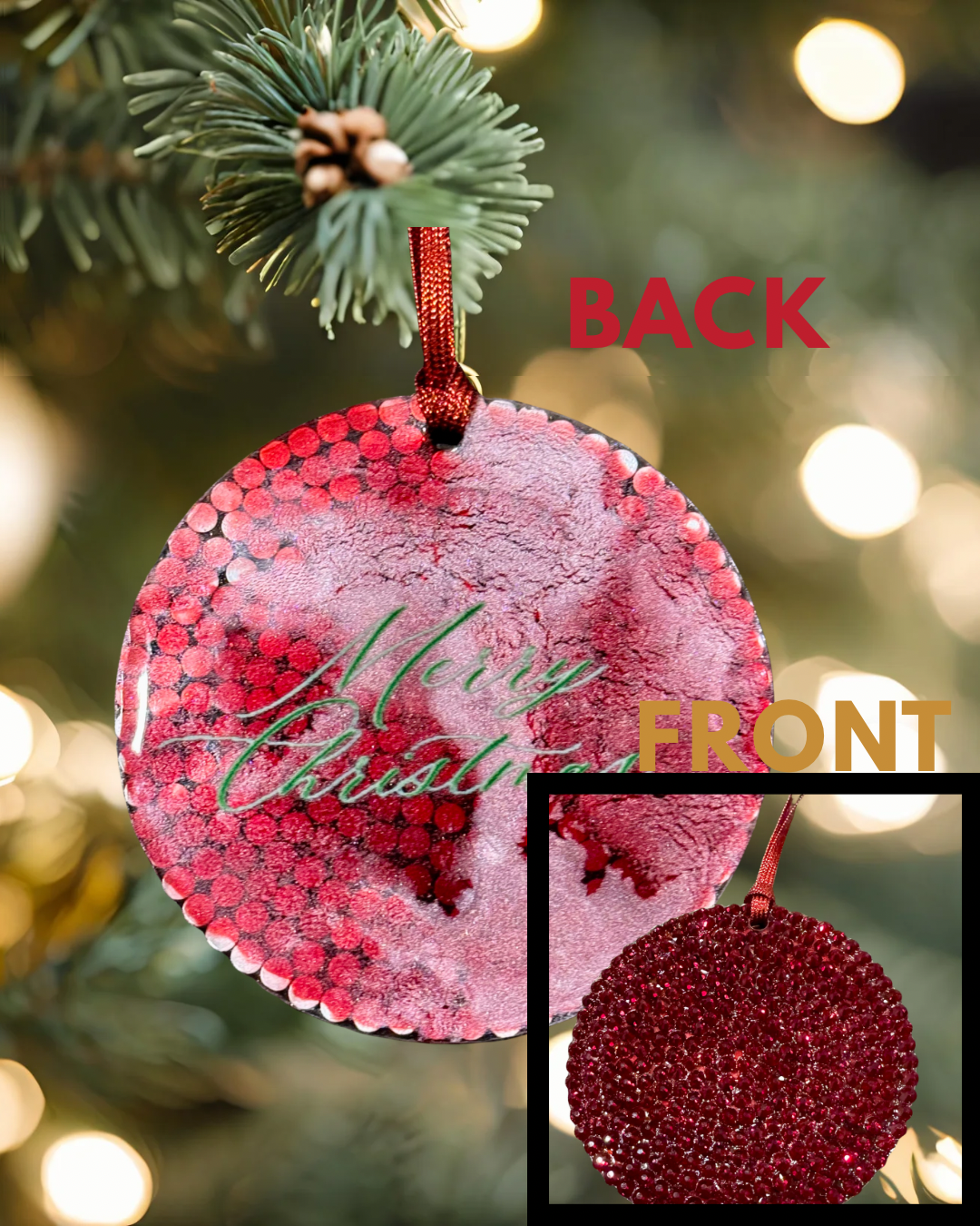 Decorative Christmas ornament with 'Merry Christmas' text, shown from front and back views on a blurred tree background.