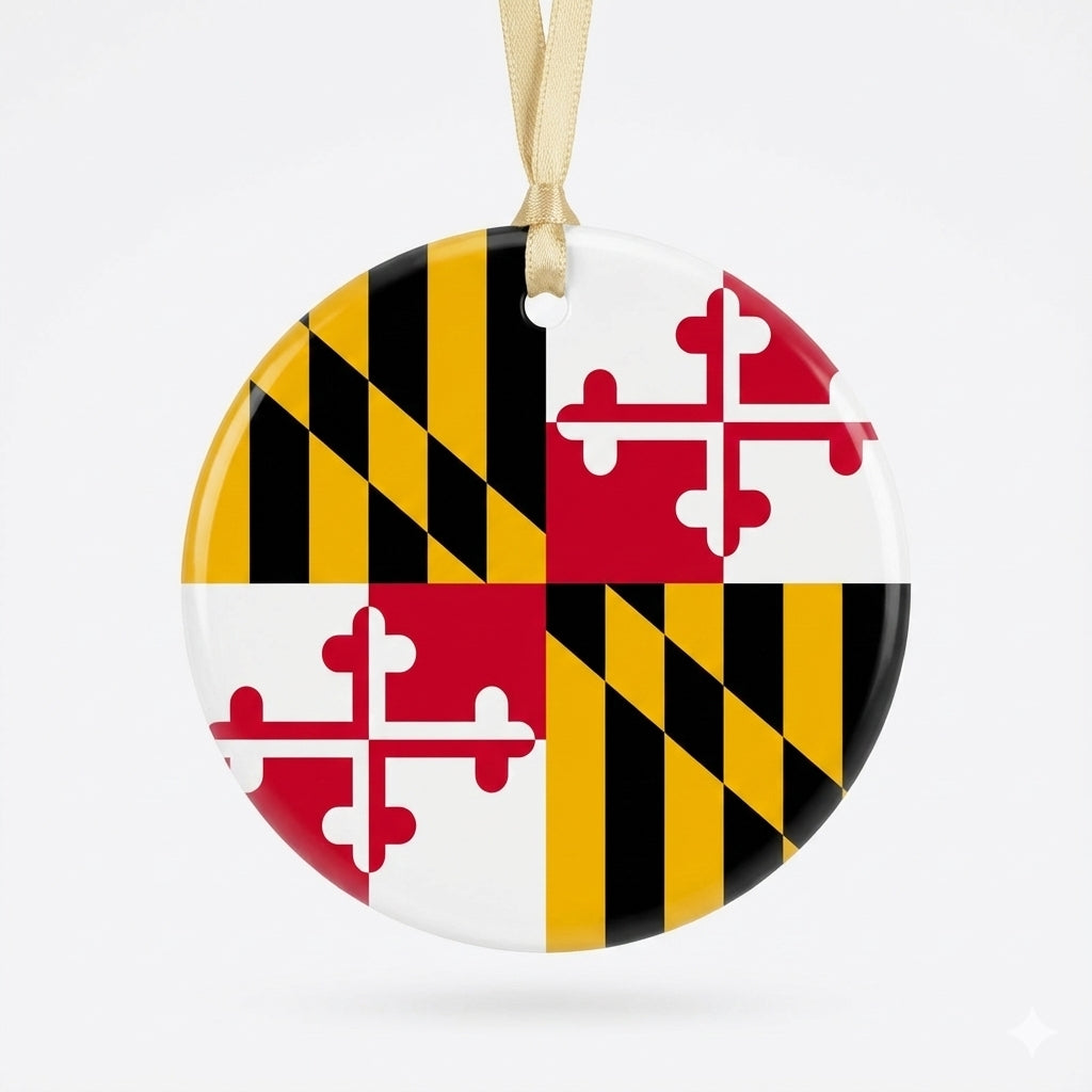 Round ornament with Maryland flag design on a white background